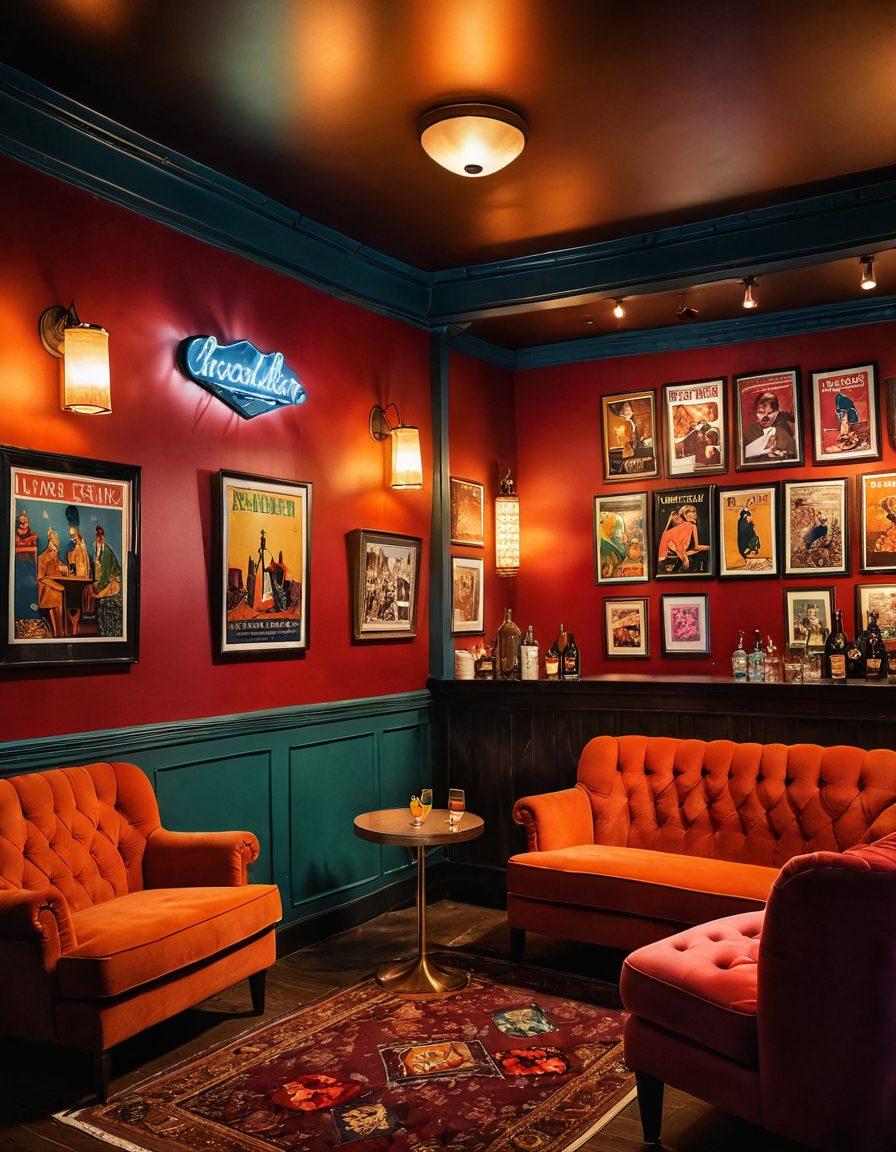 A vibrant scene depicting a cozy lounge with plush seating, soft candlelight, and a cocktail bar filled with colorful drinks. In the background, a playful collection of vintage adult entertainment posters adorns the walls, blending humor and nostalgia. A couple, laughing and engaging in a playful conversation, adds warmth to the atmosphere. The setting is inviting, encouraging relaxation and passion. super-realistic. vibrant colors. cozy ambiance.