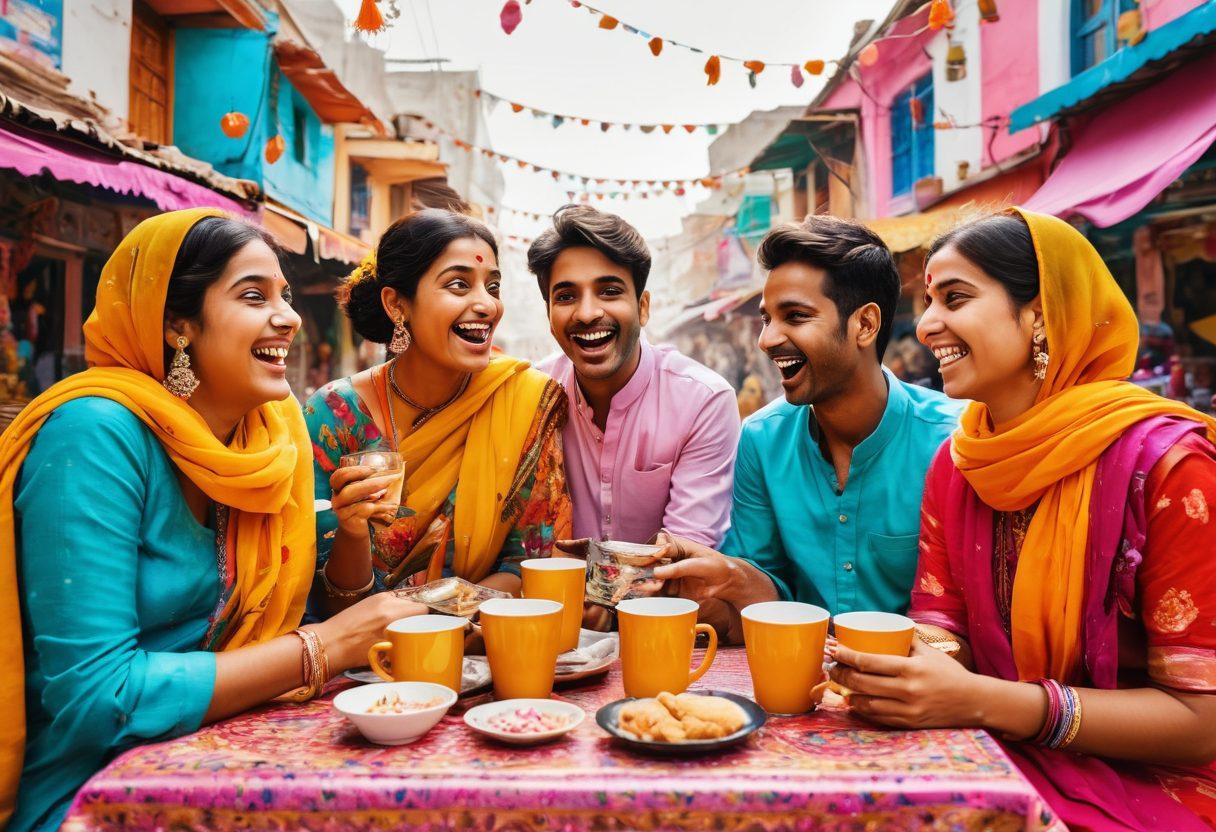 A vibrant collage showcasing a humorous Hindi comedy scene featuring a group of friends laughing together over cups of chai, while surrounded by quirky lifestyle choices such as colorful traditional clothing, street food, and playful decorations. The background should include elements of Indian culture like rickshaws and local markets, all infused with cheerful expressions and lively interactions. super-realistic. vibrant colors. white background.