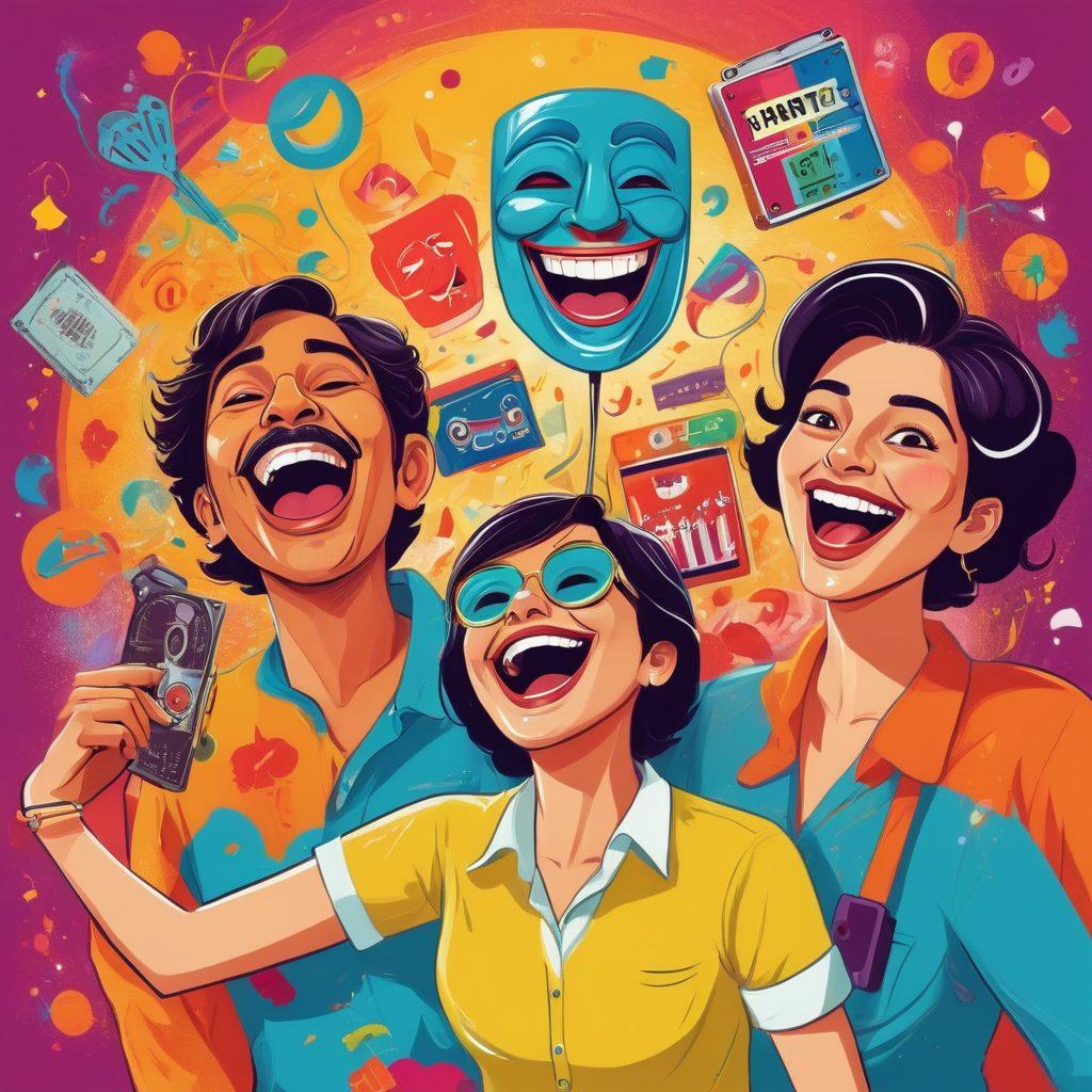 A vibrant, whimsical illustration capturing adults laughing and enjoying playful moments, surrounded by colorful elements representing Hindi comedy and entertainment, like film reels, comedy masks, and playful doodles. The atmosphere should convey joy, warmth, and a sense of carefree living, with bold colors and dynamic expressions of happiness. cartoon style. vibrant colors. playful concept.
